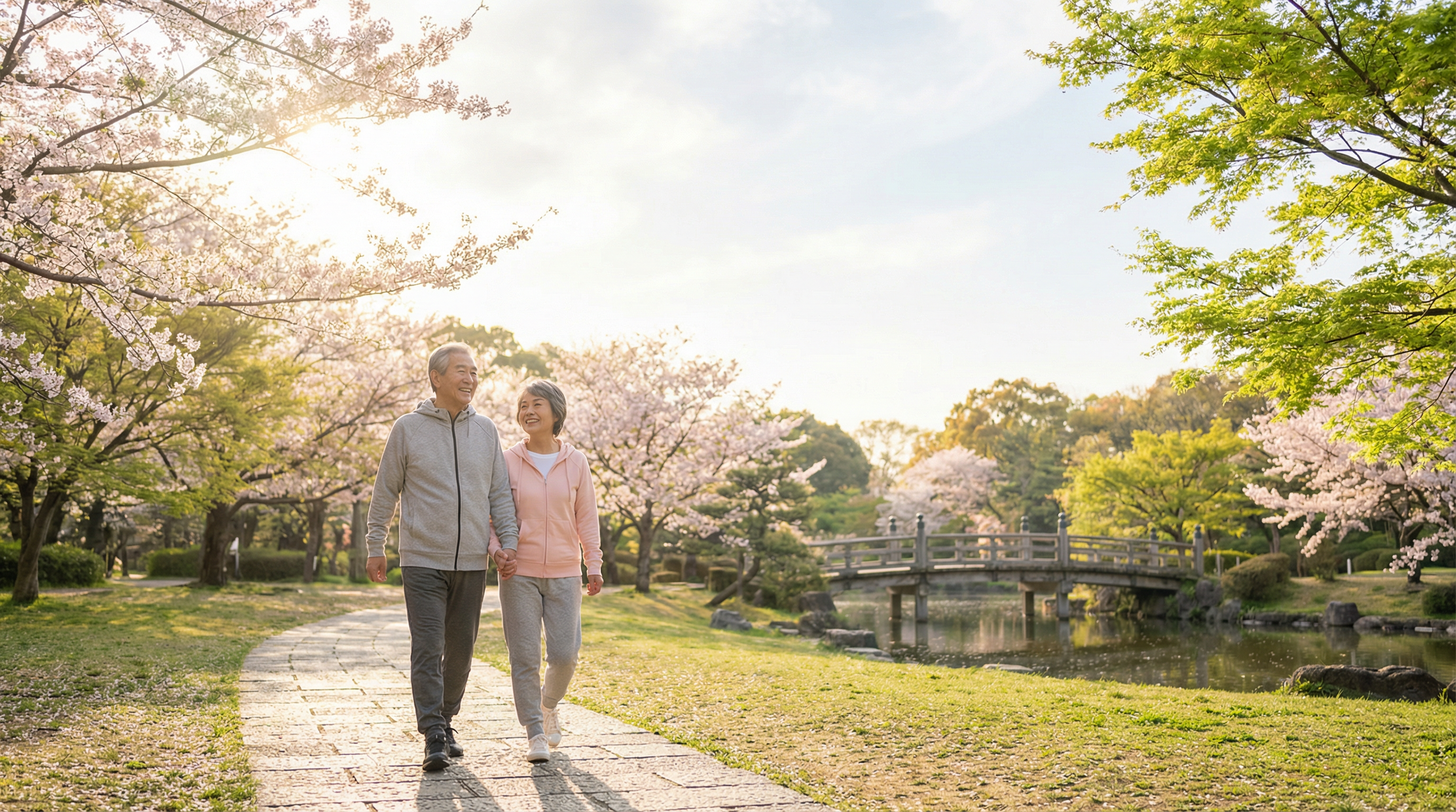 公園を歩く健康的なシニア夫婦